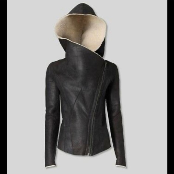 Helmut Lang Shearling Hooded Leather Coat Petite - Picture 2 of 10